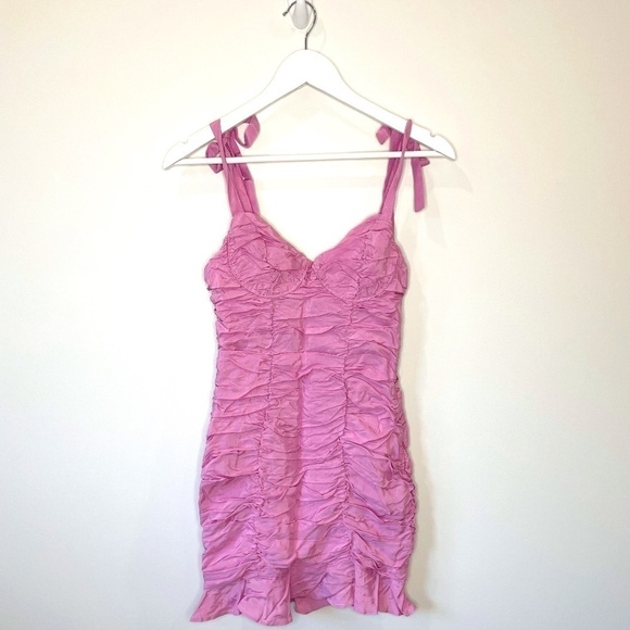 ASTR Shoulder Tie Ruffle Cinched Lilac Bodycon Dress - Picture 1 of 5